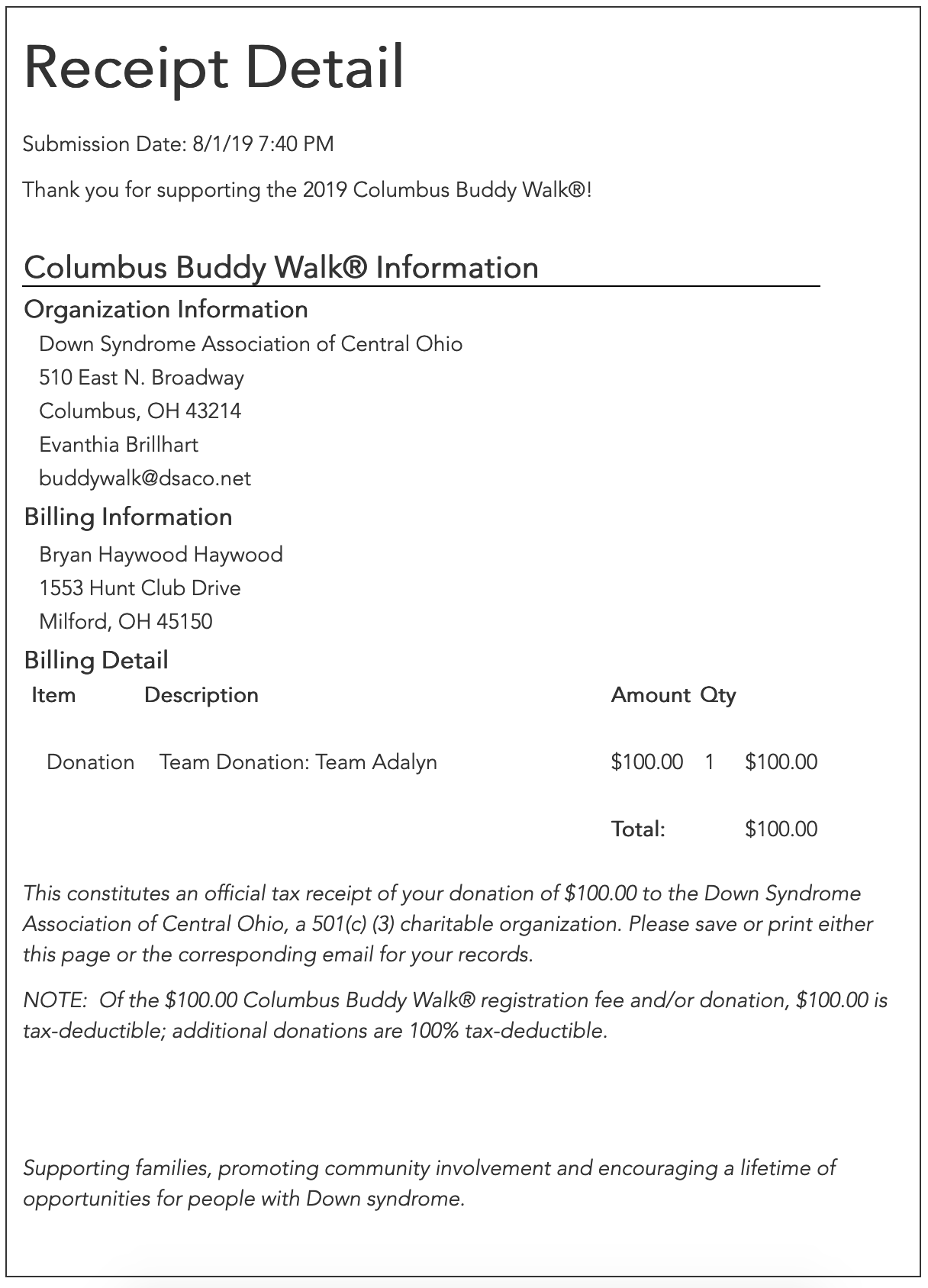 Team Adalyn 2019 Donation