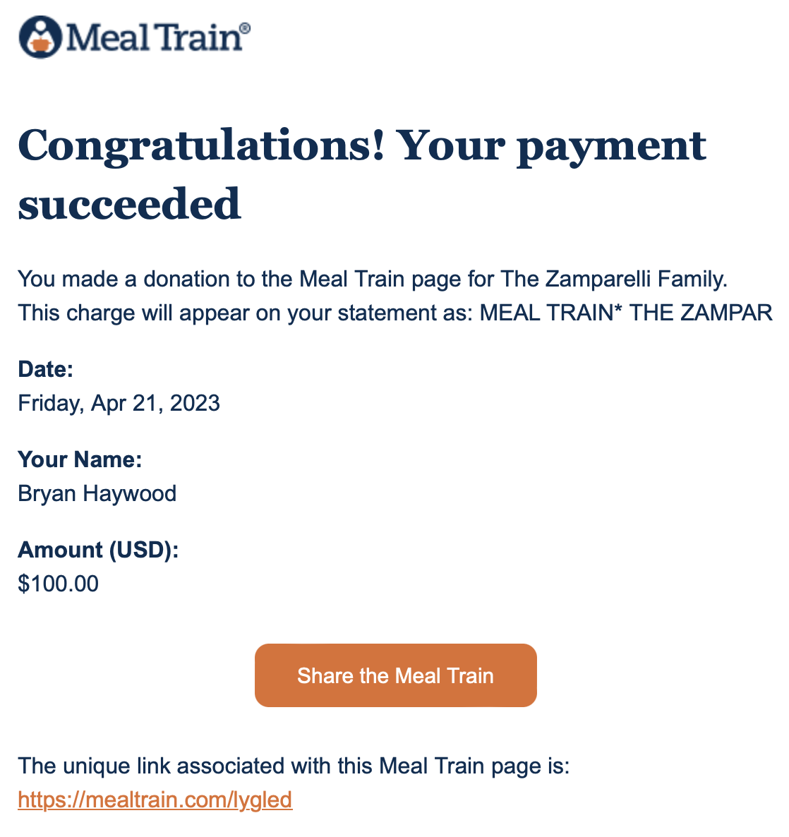 MealTrain donation